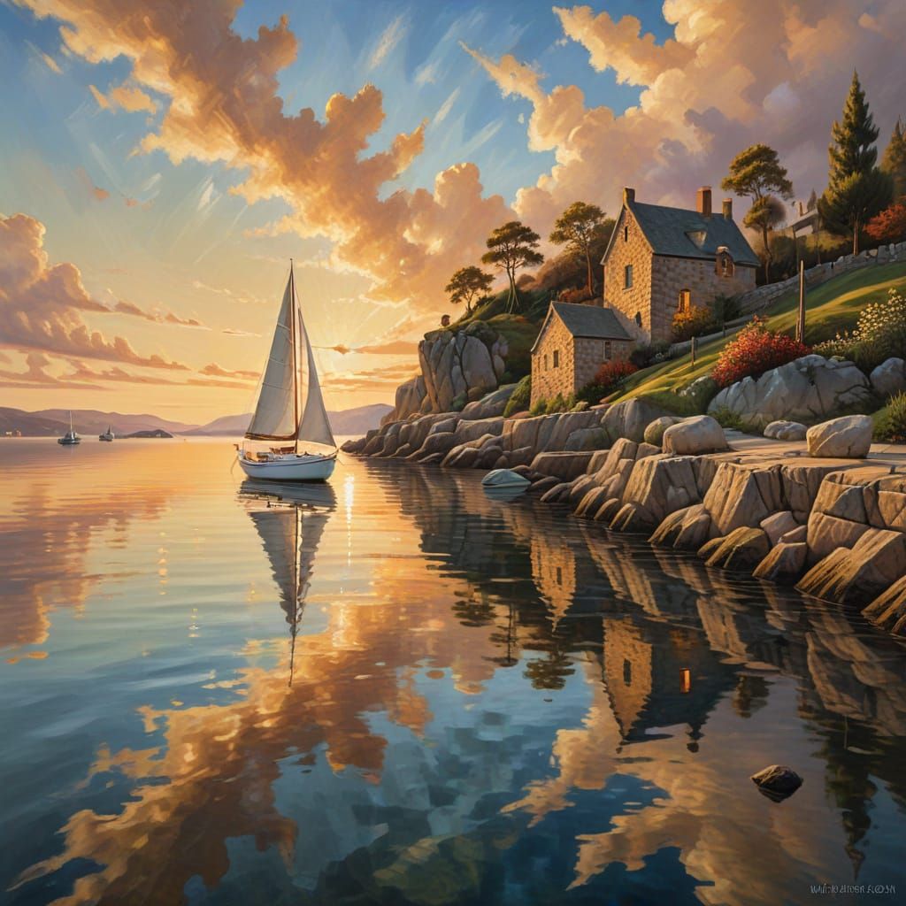 Surreal Harbor Scene with Sailboat and Oil Painting Brushstr...