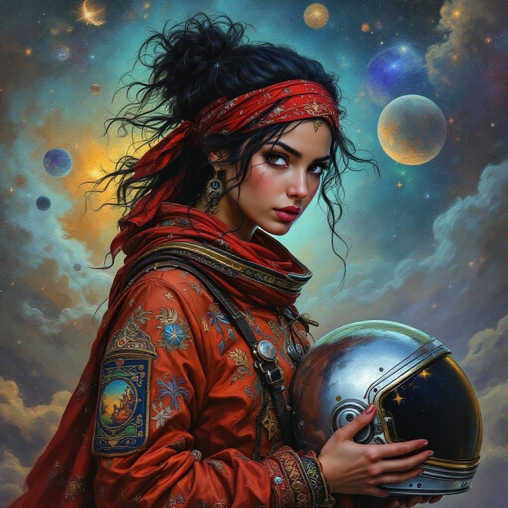 Cosmic Space Gypsy in Vibrant Art Nouveau Style