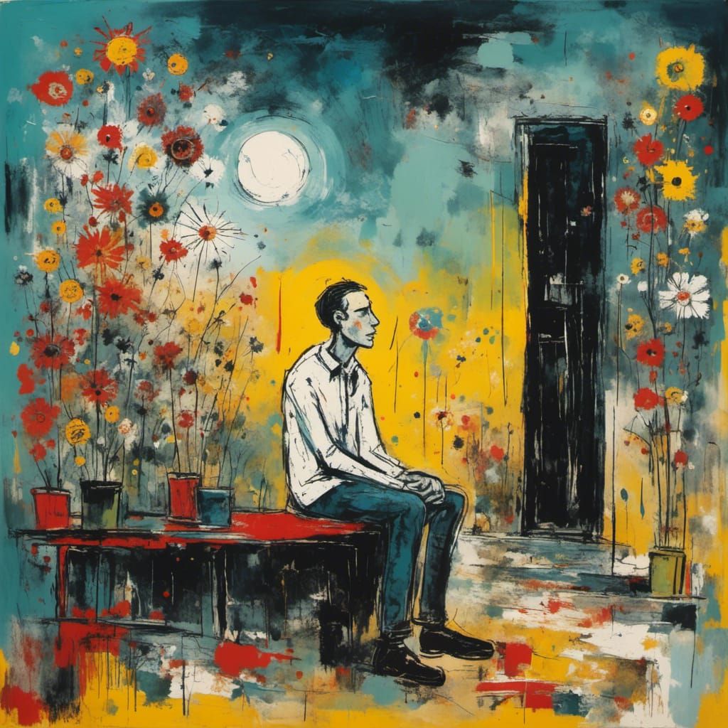 Melancholic Figure Lost in Thought: Ink Drawing Style