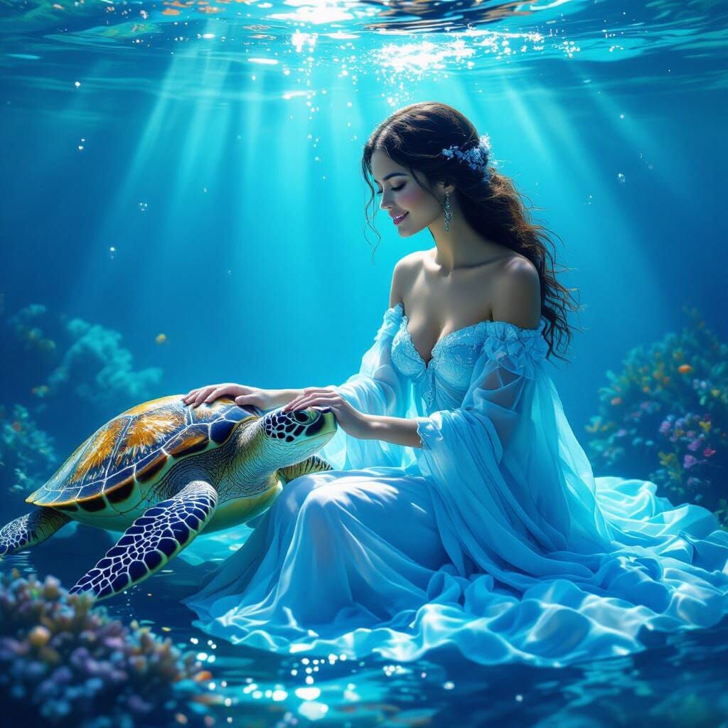 Oceanic Woman Petting Sea Turtle in Bioluminescent Dreamscap...