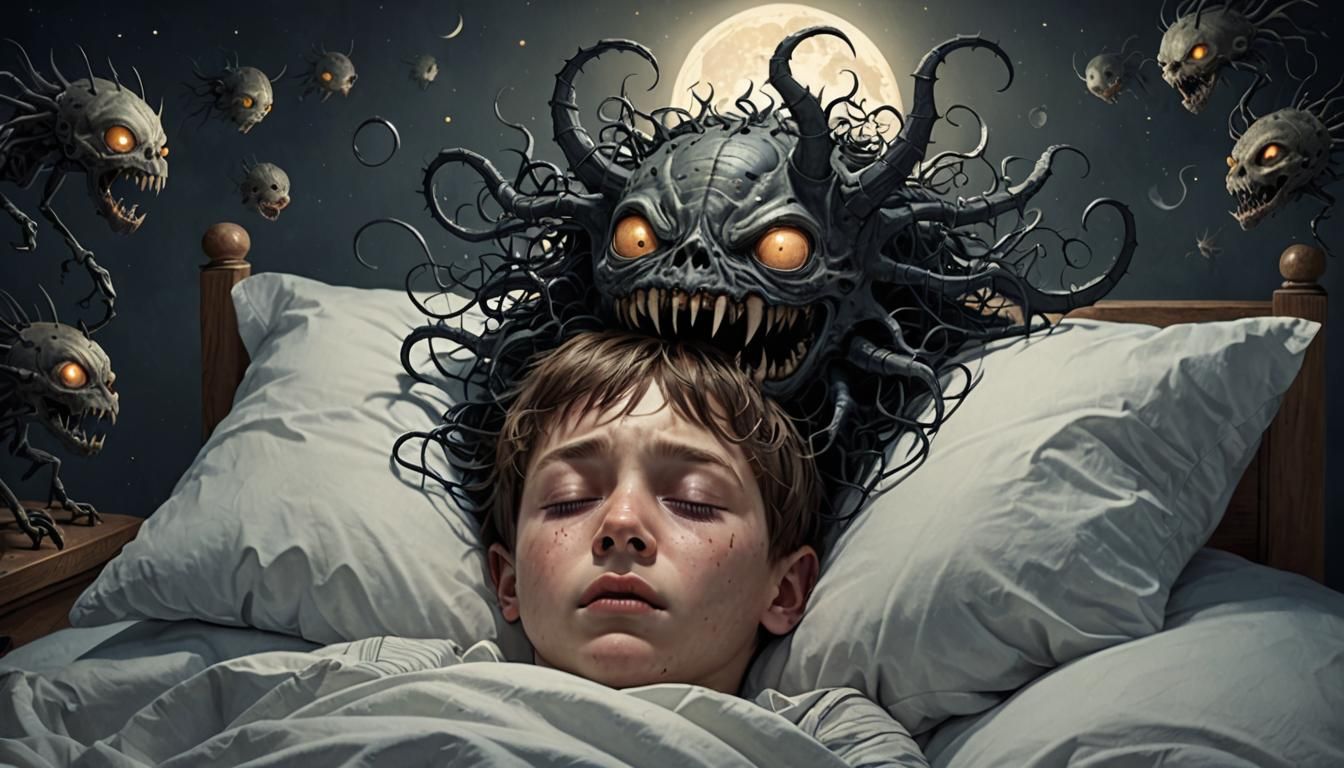 Nightmare Creatures Emerging from Boy's Head