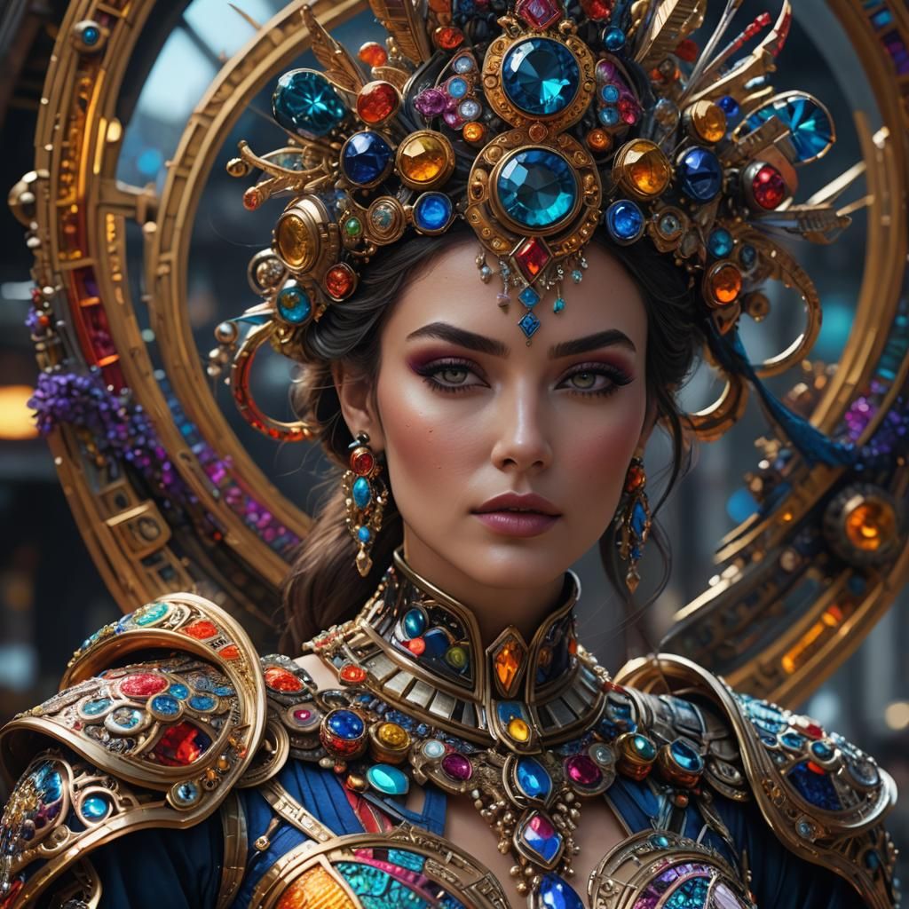 Beautiful Woman in Futuristic Jewelry: Hyperrealistic Portra...