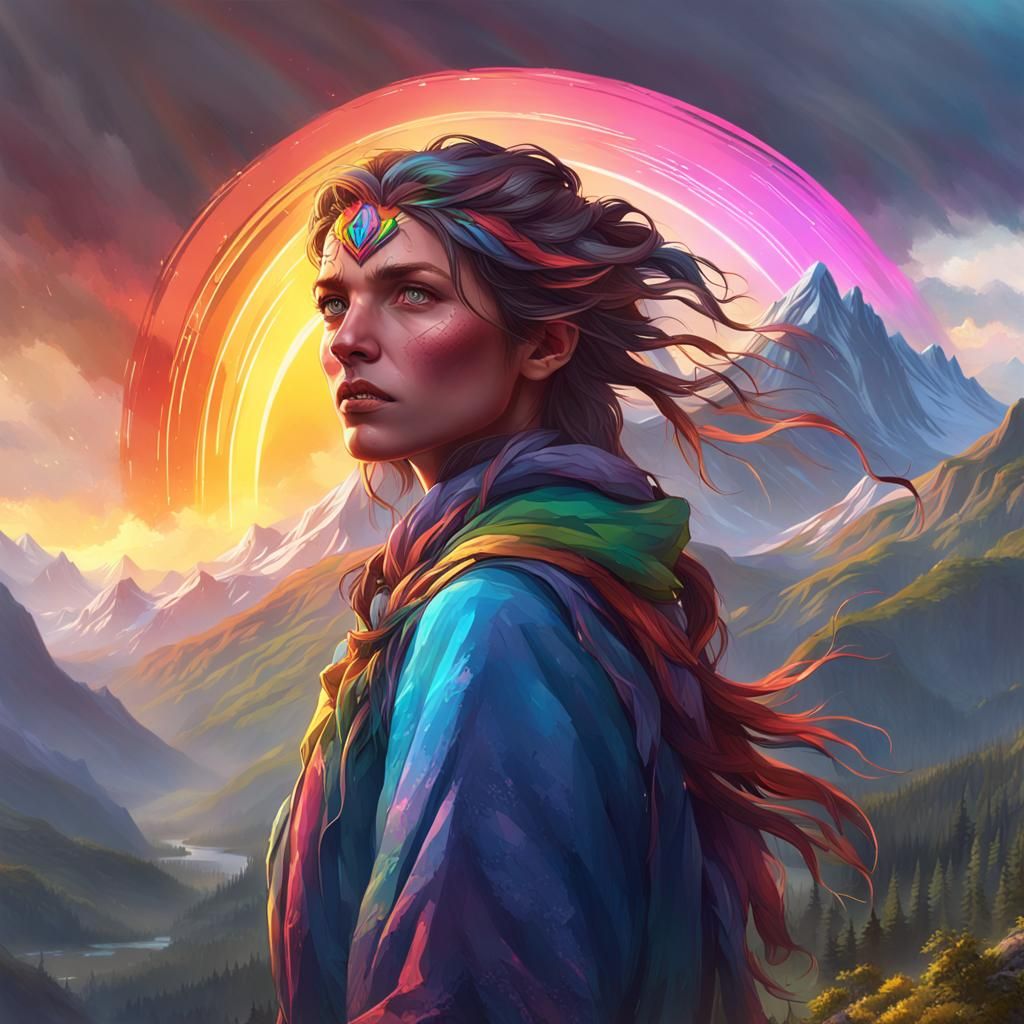 Mountain Sunrise with Rainbow and Lightning, Digital Art