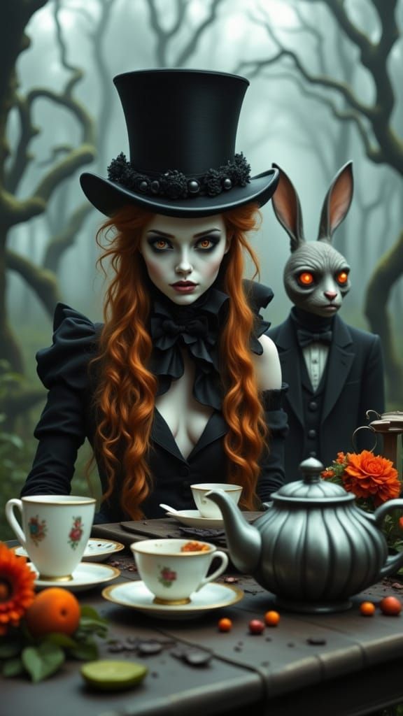 Ethereal Gothic Tea Party in a Haunting Woodland Setting
