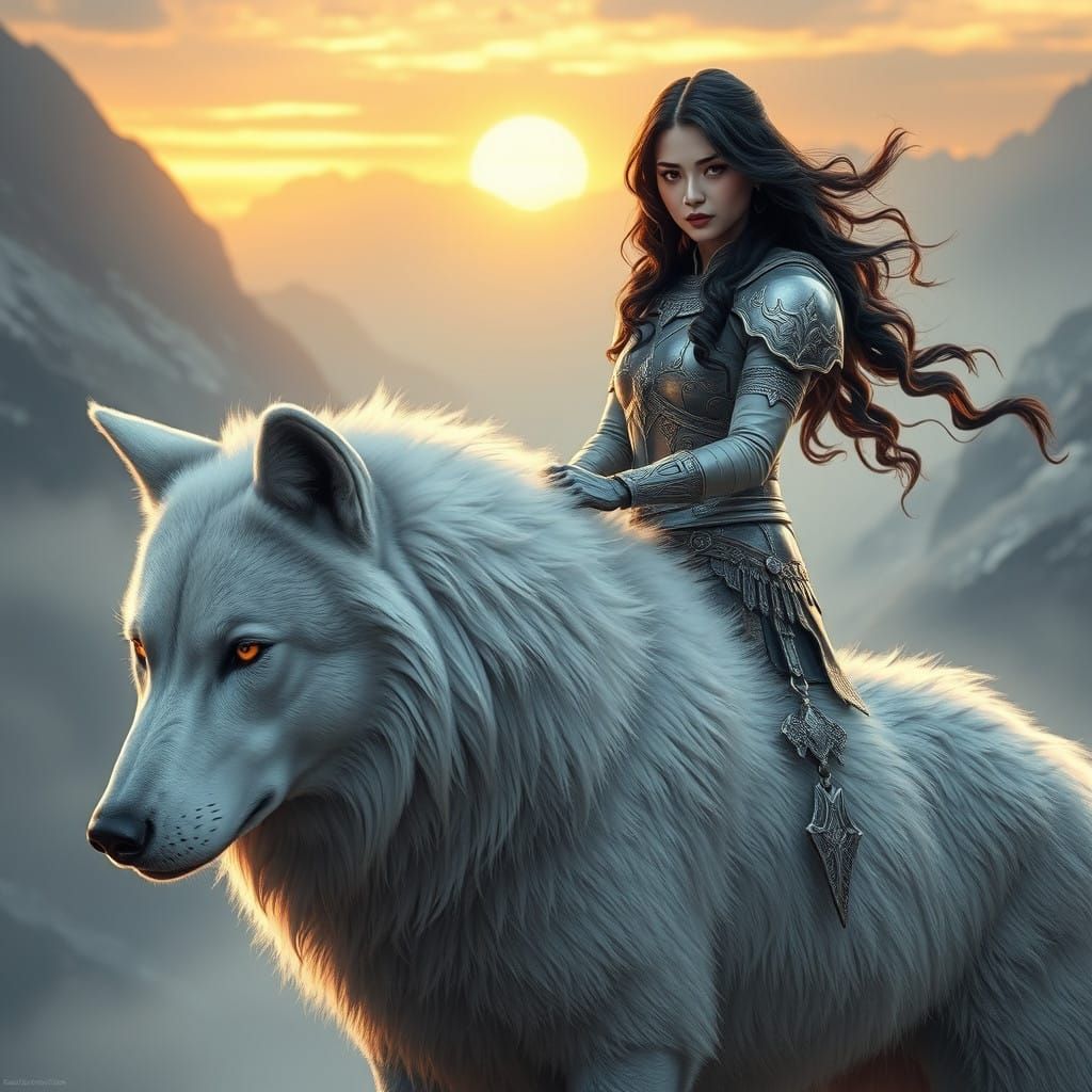 Warrior Woman on Giant Wolf in Mountain Sunset