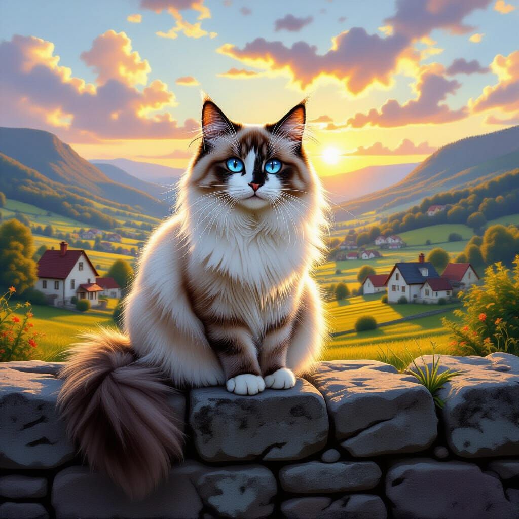 Maine Coon Cat Overlooking Valley in Hyperrealistic Style