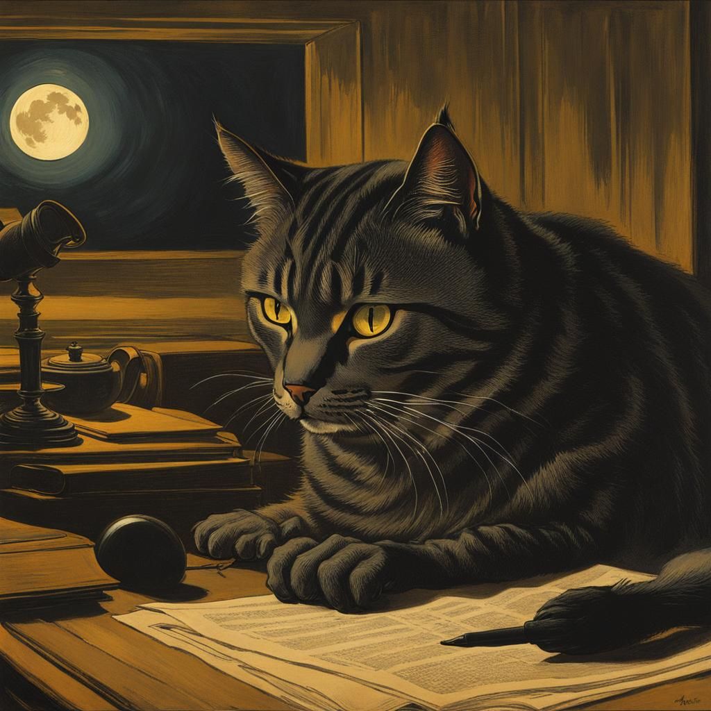 Hyperdetailed 8k resolution, art by Théophile Steinlen, cat detective in a dimly lit noir office, evocative of suspense,...