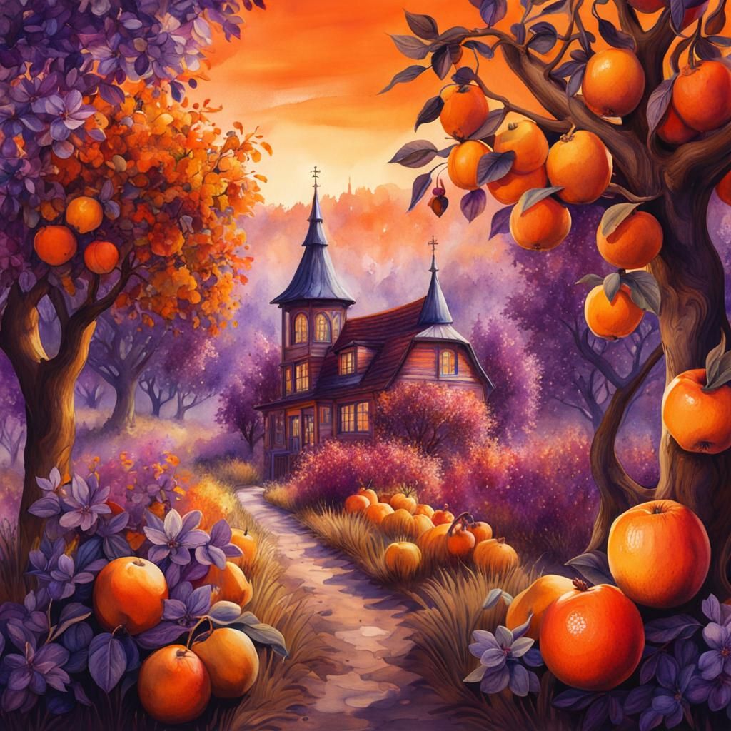 Whimsical Orchard: A Hyperrealistic Watercolour Illustration