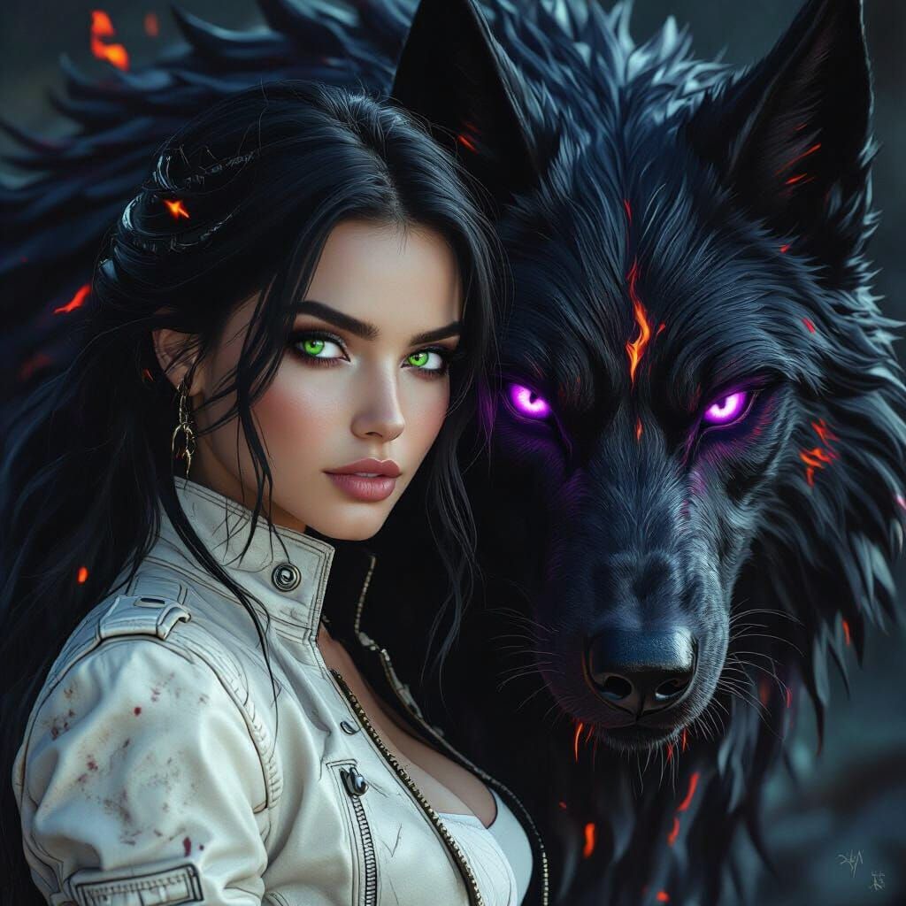Fantasy Woman and Hellhound in Matte Painting Style