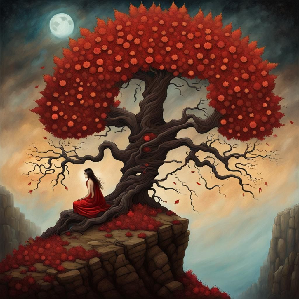 Mythical Creature and Autumn Tree: Surrealist Fantasy Art