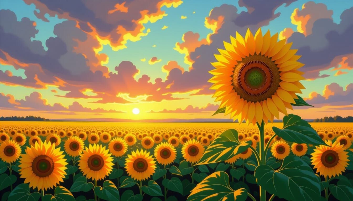 Giant Sunflowers Field at Golden Hour, Impressionistic Style