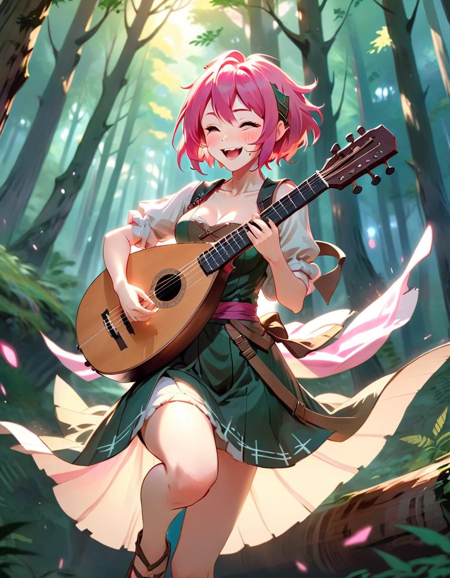 Anime Bard in Forest: 2D Vector Illustration