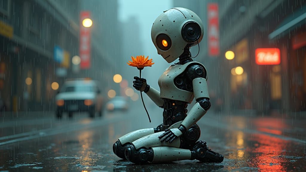 Robot's Flower: Melancholy in a Cyberpunk Cityscape