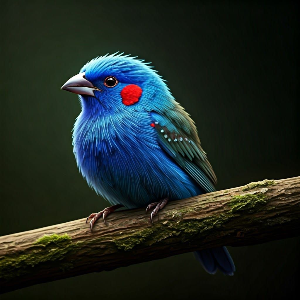 Vibrant Blue Finch with Red Cheek Spots in Fantasy Landscape