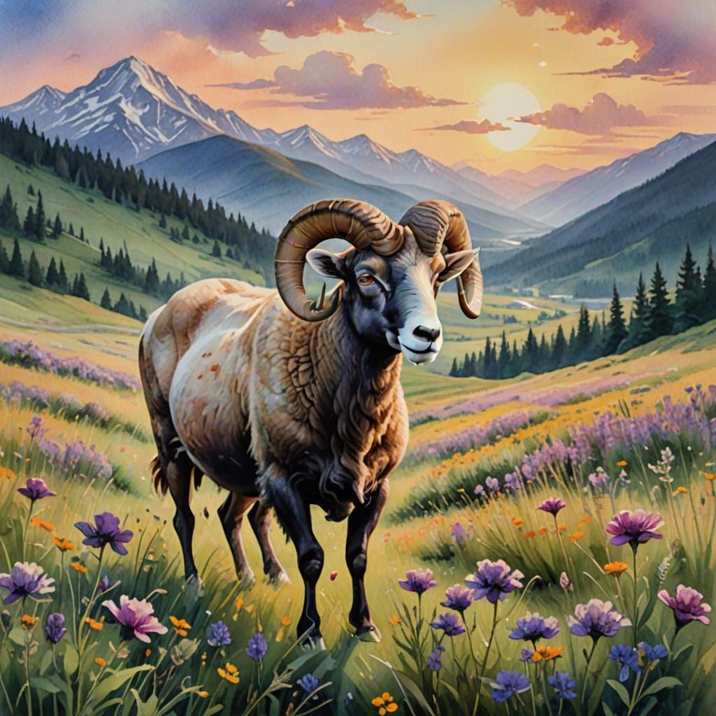 Ram Grazing in Sunrise Meadow Watercolor Painting