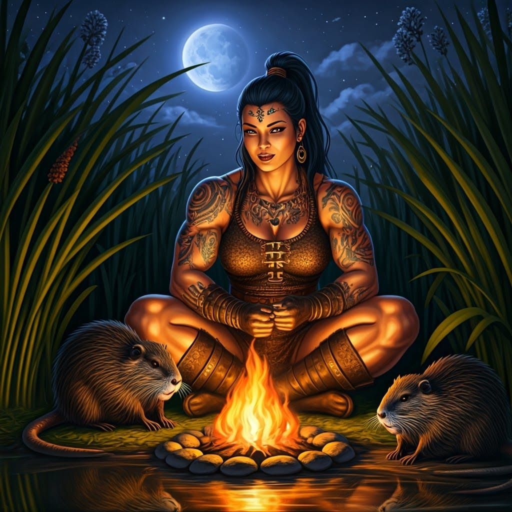 Warrior-Witch and Nutrias Under the Moon