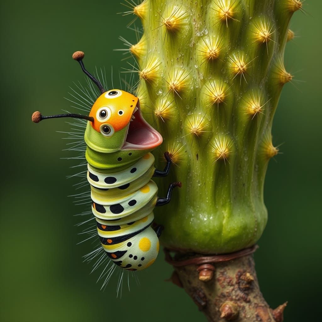 Excited Caterpillar Pecking a Tree Trunk