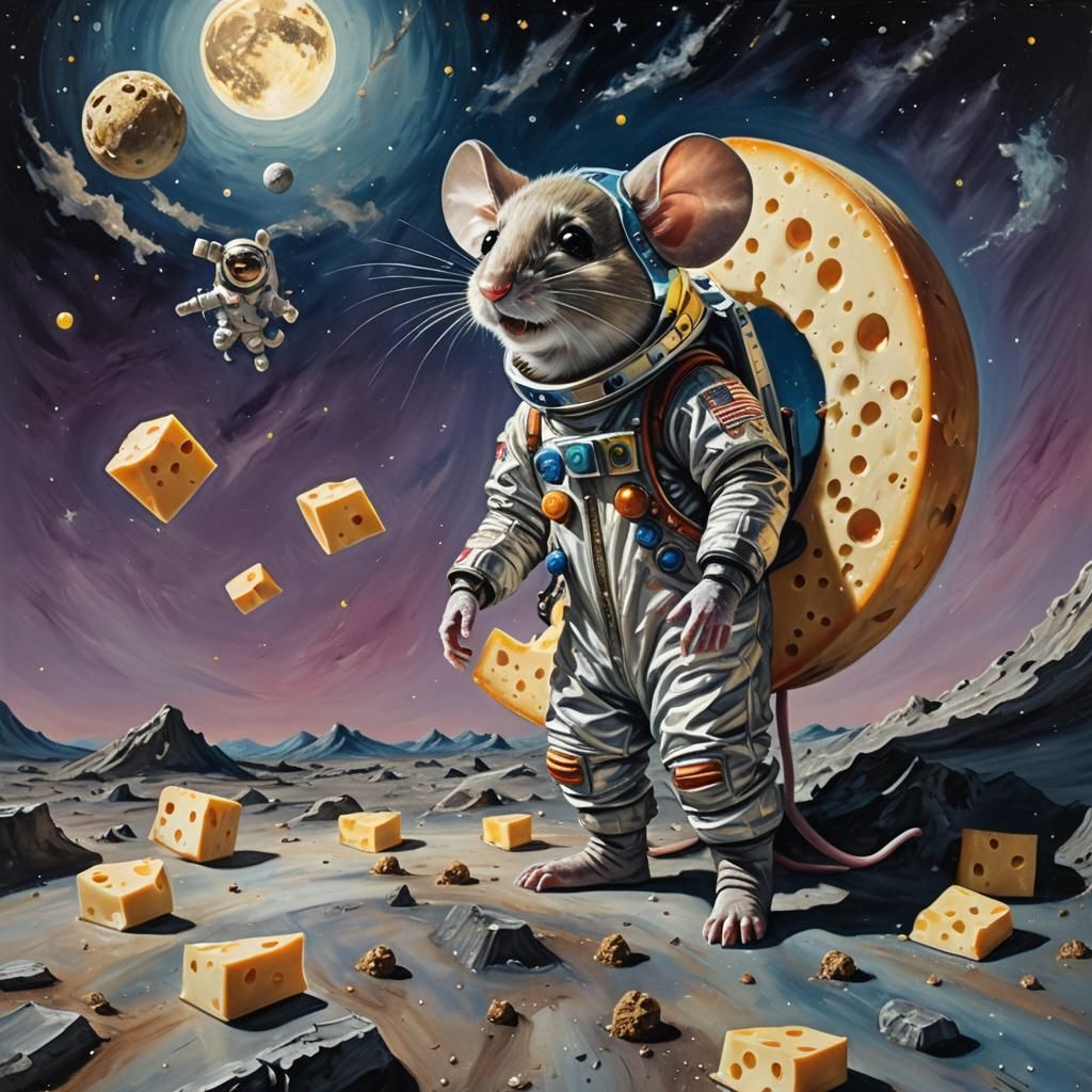Mouse Astronaut on Cheese Moon in Surrealist Style