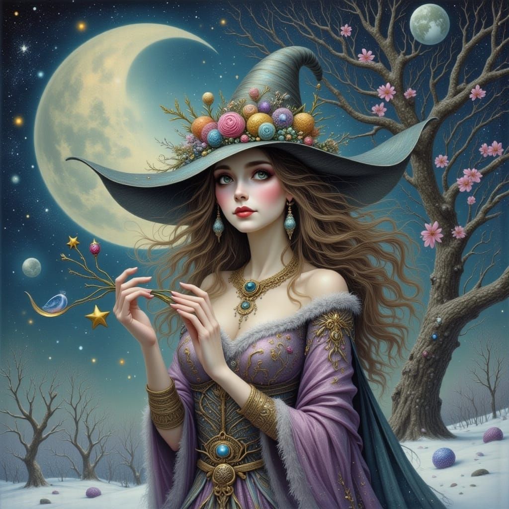 Winter Witch Casting a Spell in Snowscape