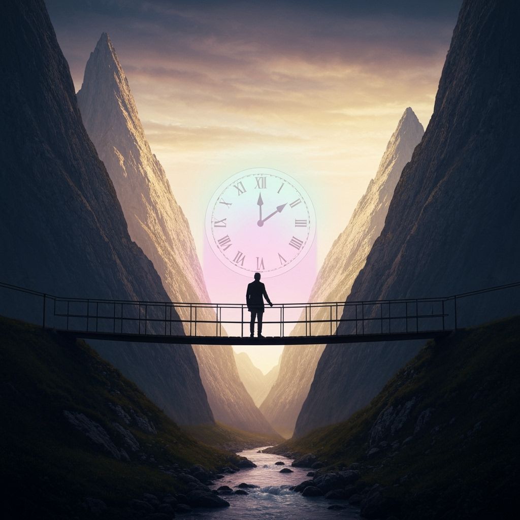 Man on Alpine Bridge at Golden Hour, Pastel Clock Glow