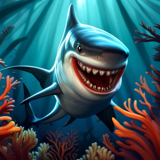 Cartoon Shark Smiling in Detailed Digital Painting