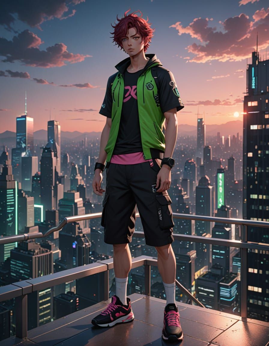 Anime Portrait: Red-Haired Man on Skyscraper