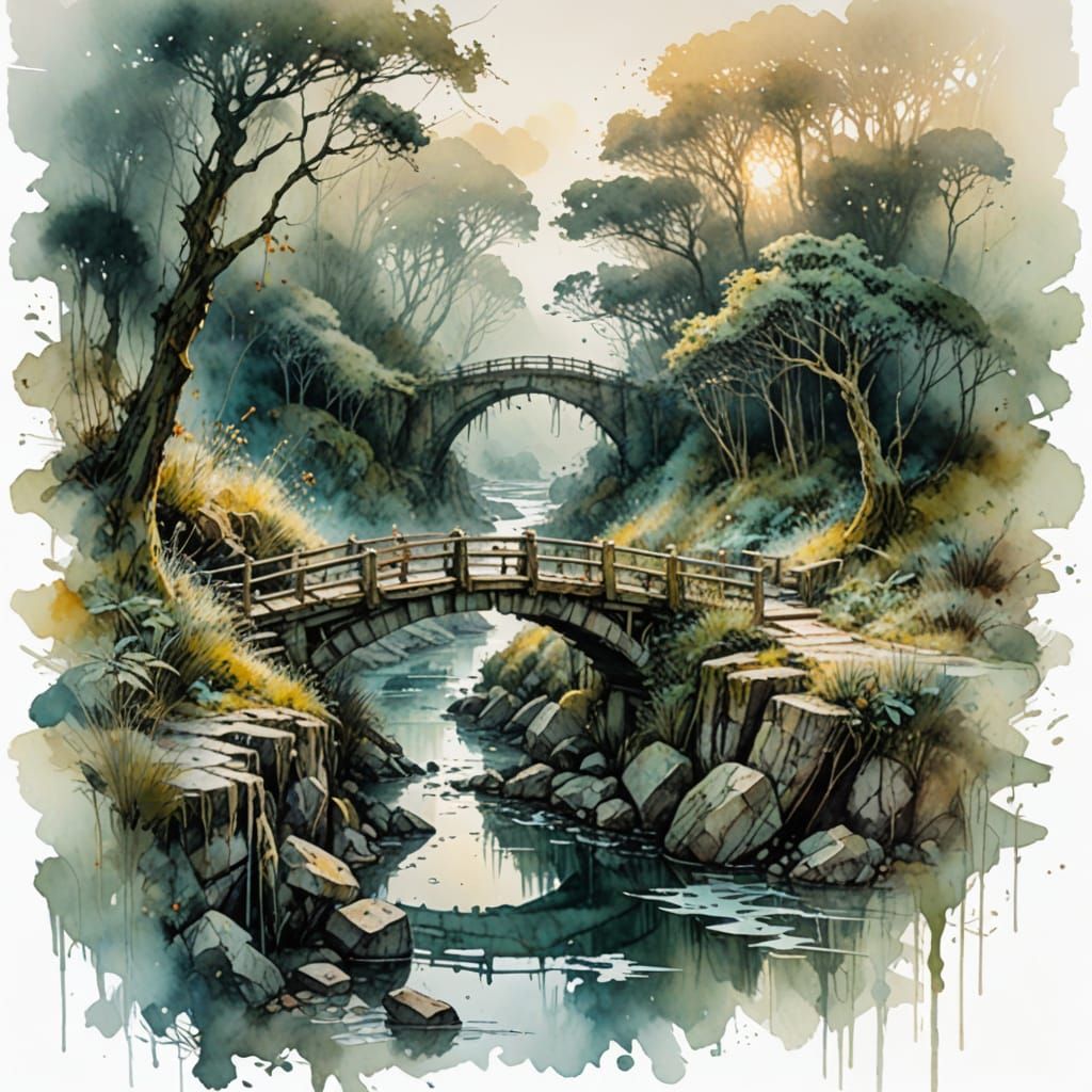 Misty Watercolour Bridge at Dawn