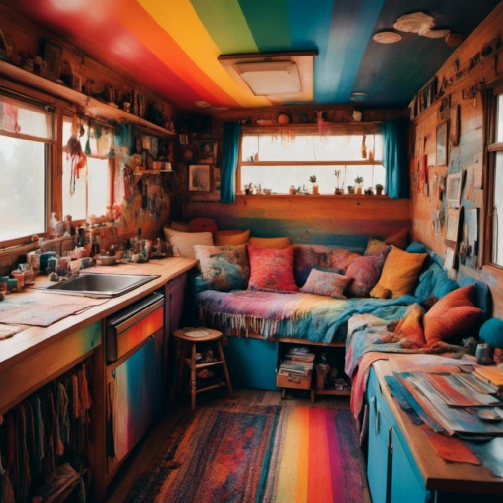 Rainbow Themed Vintage Hippie Mobile Home Interior