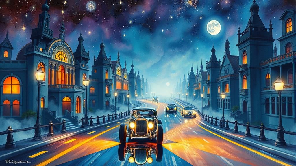 1950s Hot Rod Races Through Dreamlike Cityscape