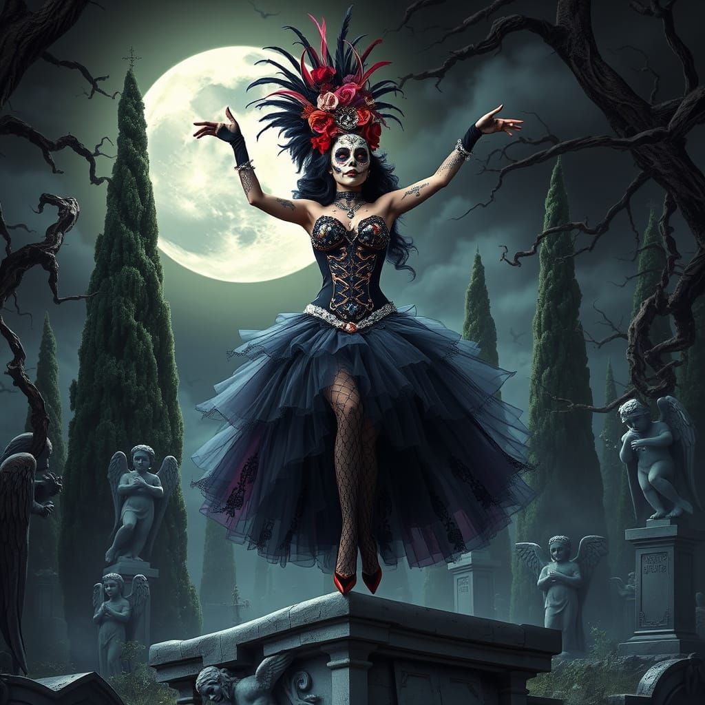 Lavish Burlesque Dancer Amidst Macabre Whimsy