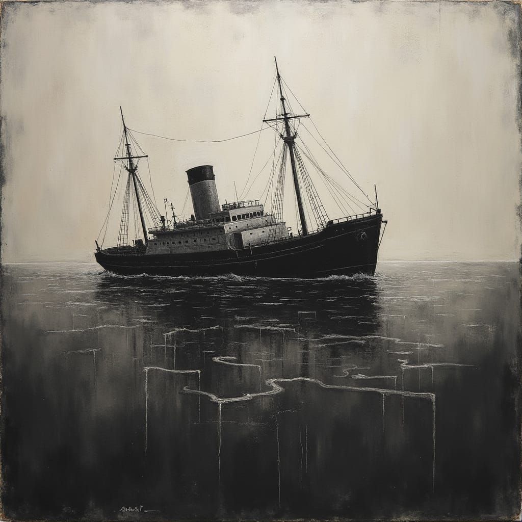 Sunken Ship Abstract Art in Charcoal and Silver