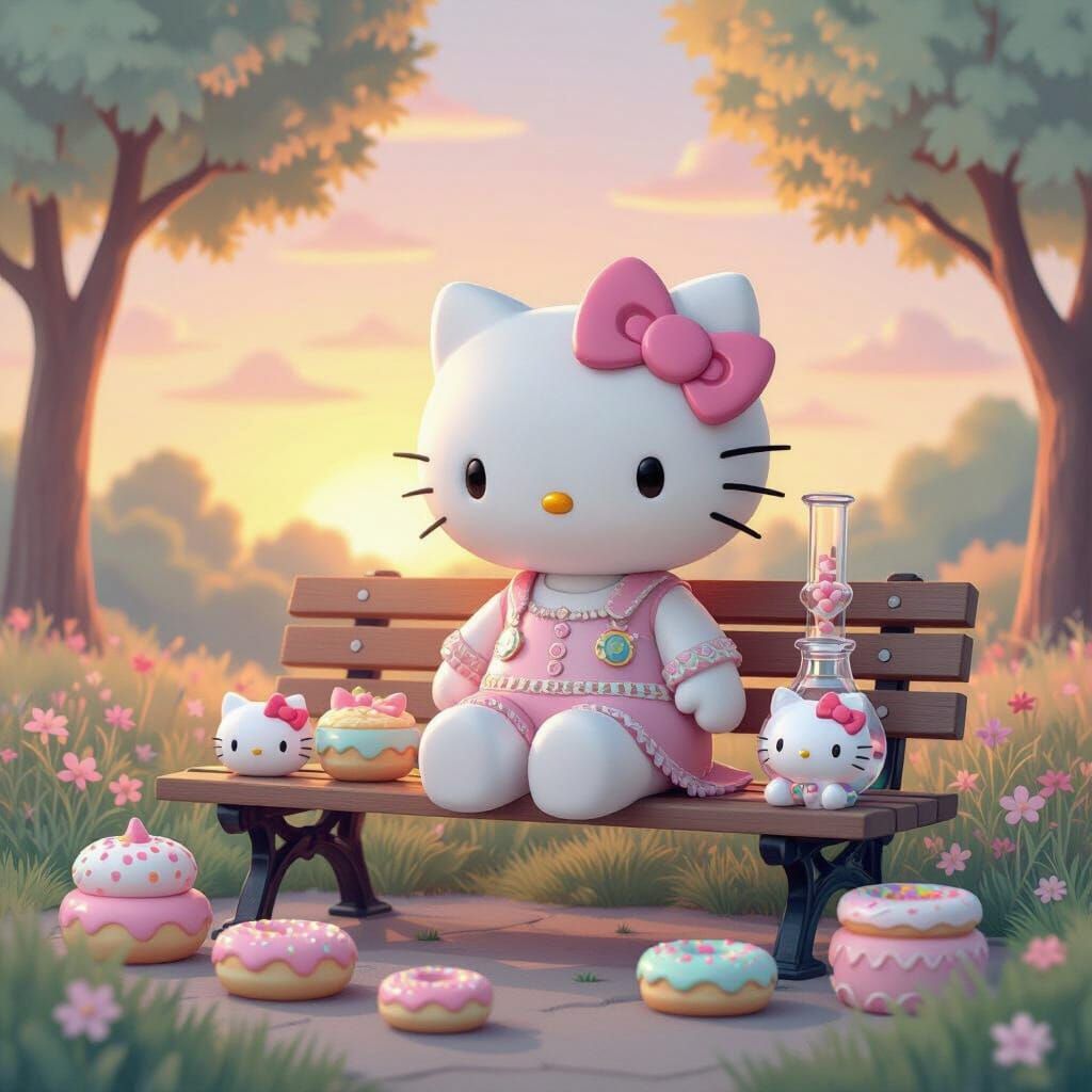 Hello Kitty Enjoys Sunset with Pastel Snacks and Whimsical B...