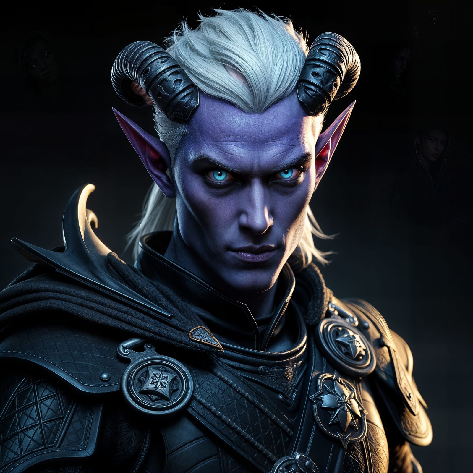 Handsome Tiefling Rogue in Embroidered Black Leather Armor