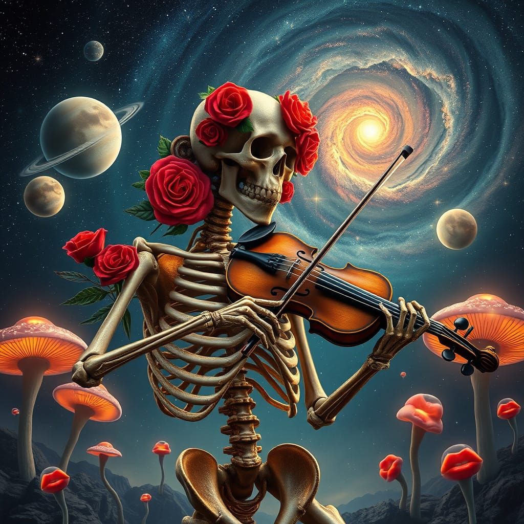 Skeletal Musician Plays Violin Under Starry Night Sky