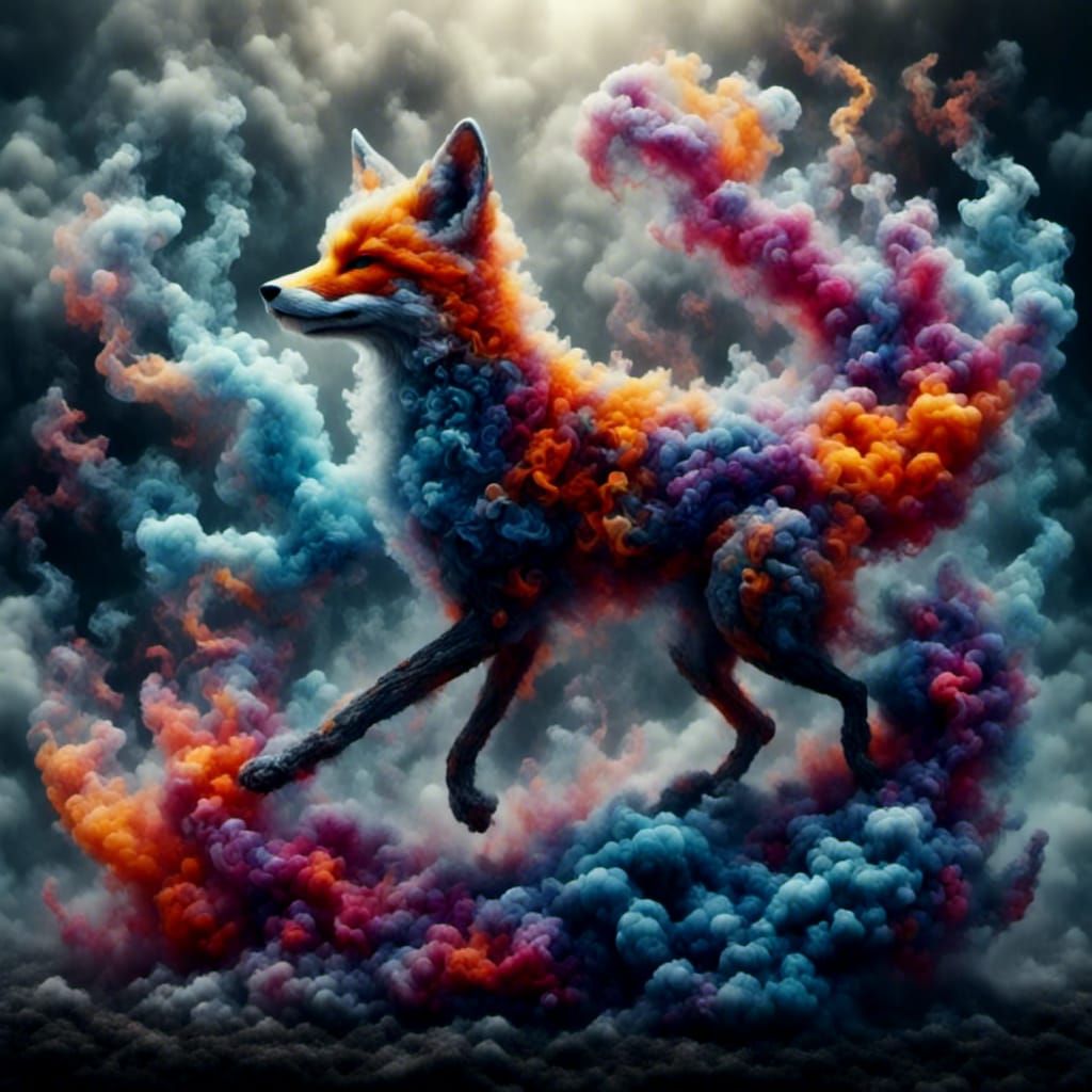 Crimson Fox Leaping Through Smoky Skies