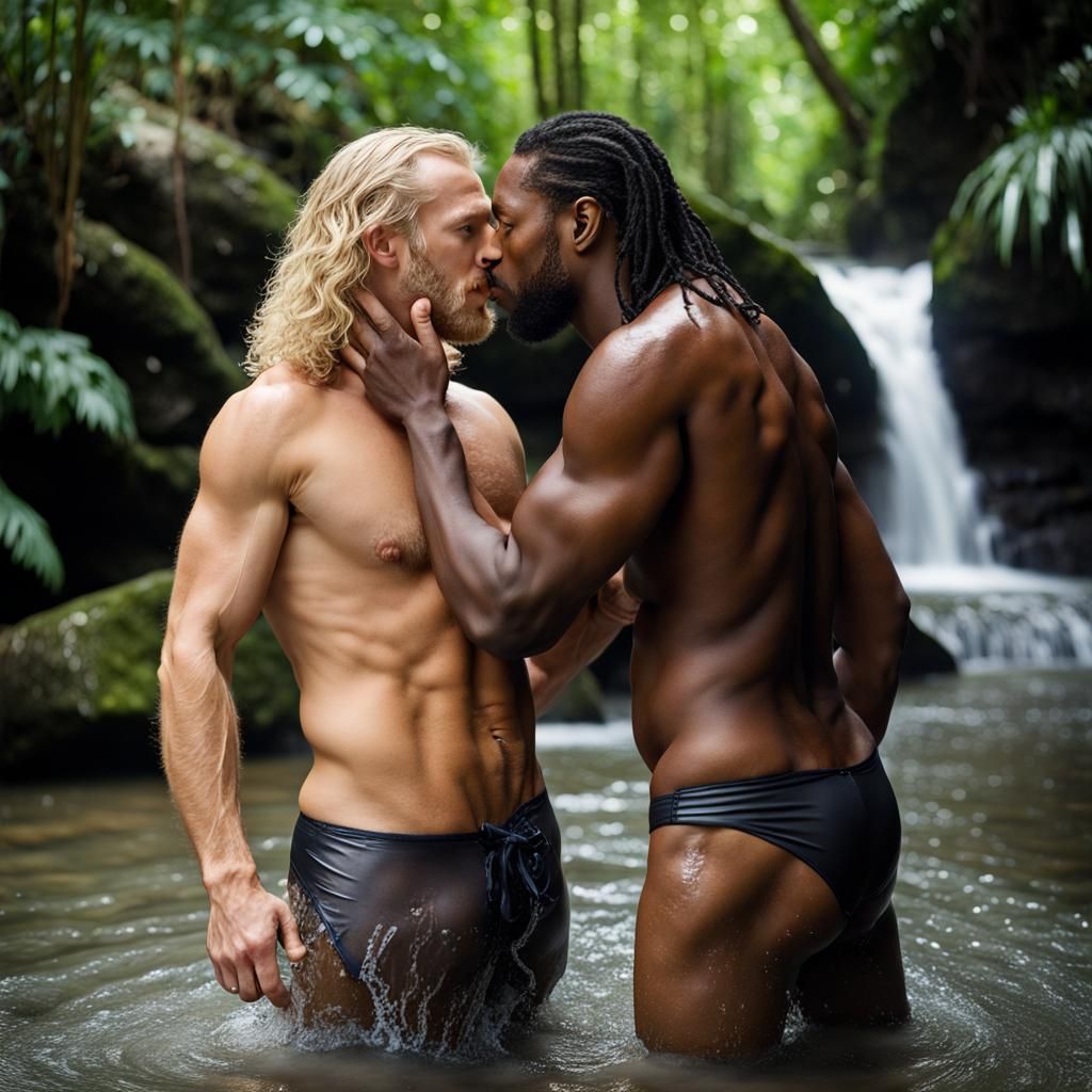 Gay Couple Kissing at Waterfall Portrait