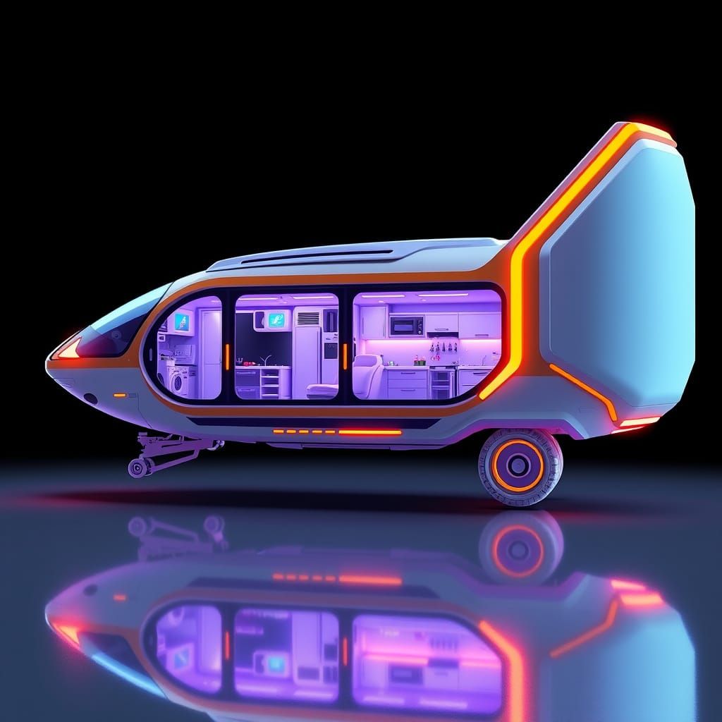 Sleek Futuristic Flying Ship House in Vibrant Purple and Ora...