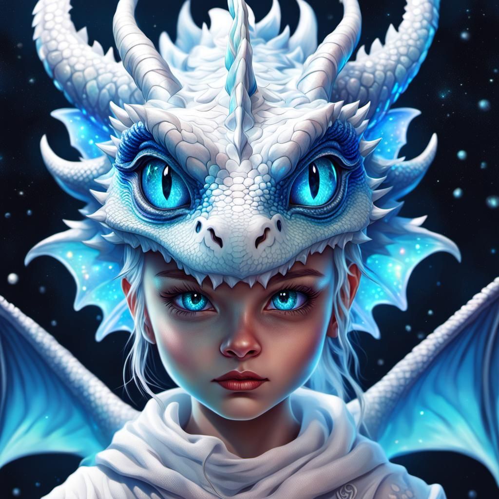 Cute Baby Girl with Dragon, Astral Cosmic Illustration