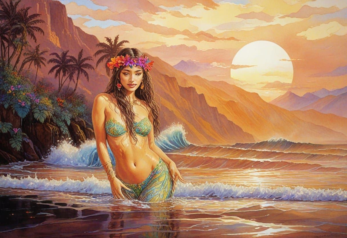 Caramel Skin Hula Dancer in Tropical Water Landscape