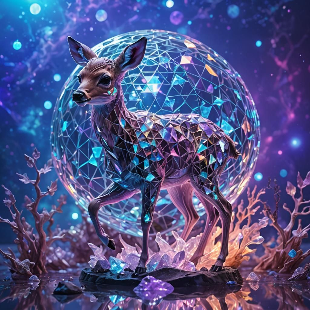Futuristic Crystal Fawn on Iridescent Sphere