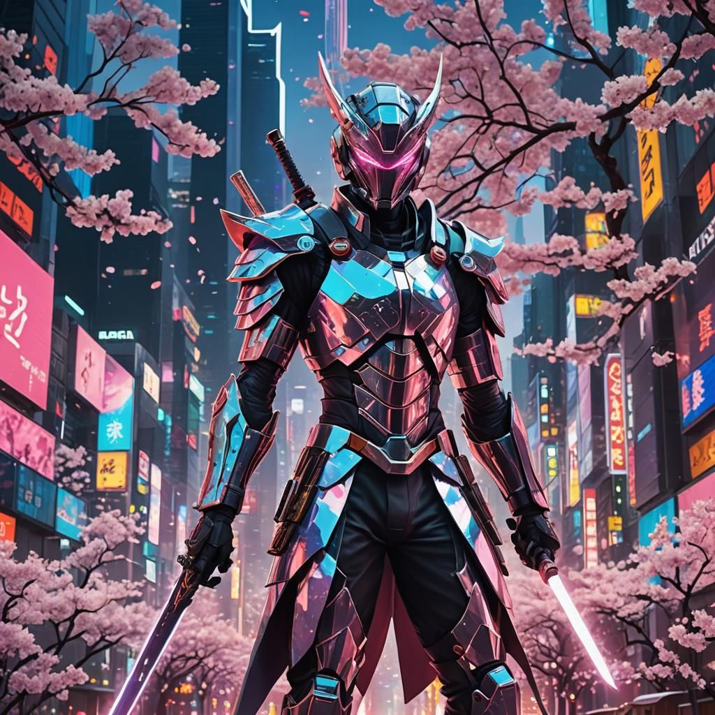 Futuristic Anime Warrior in Neon Cityscape