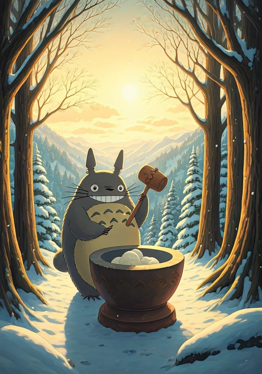 Totoro Creates Traditional Mochi in Whimsical Winter Wonderl...