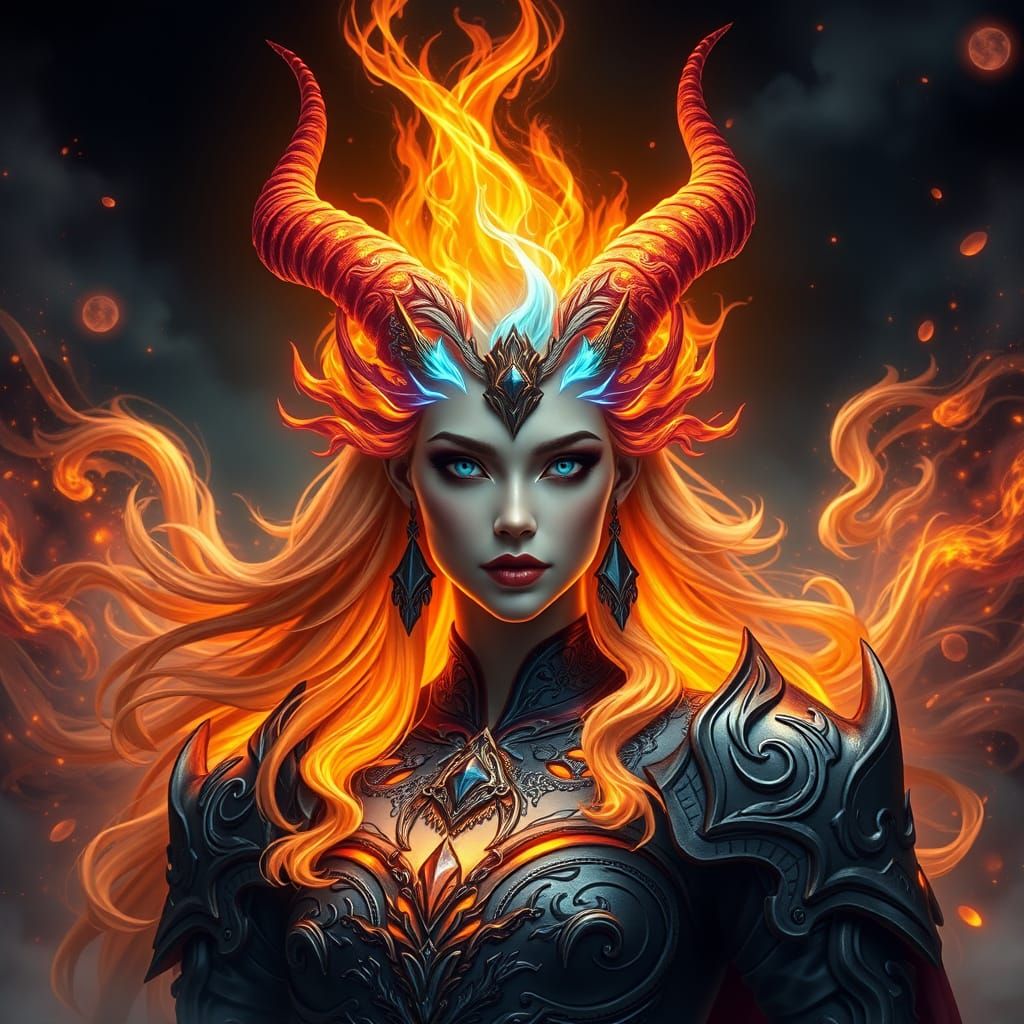 Mystical Empress with Flaming Hair in Digital Painting Style