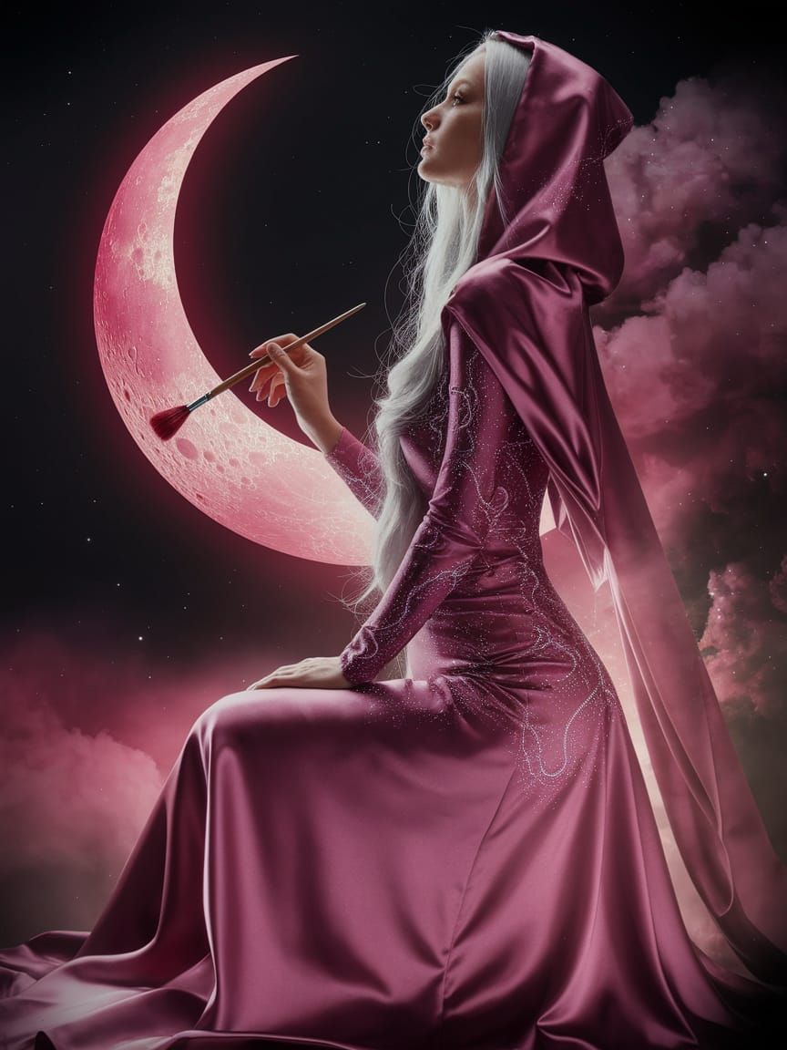 A stately white witch with floor-sweeping, pin-straight platinum hair cascading down her back, adorned in a flowing, hoo...