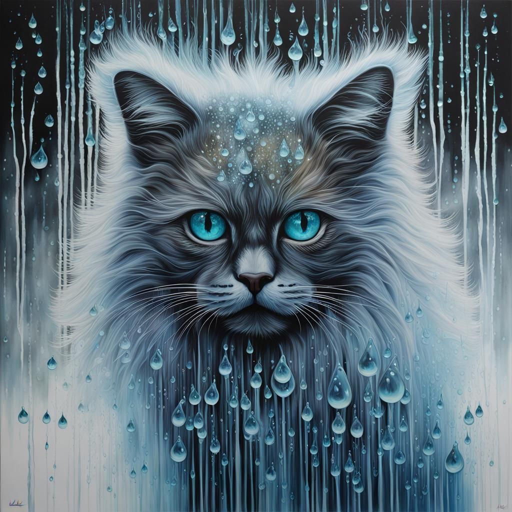 Bioluminescent Cat with Water Droplets in Mixed Media