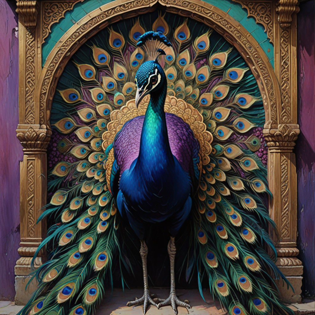 Vibrant Peacock in Indian Splendor, Oil Painted with Muted C...