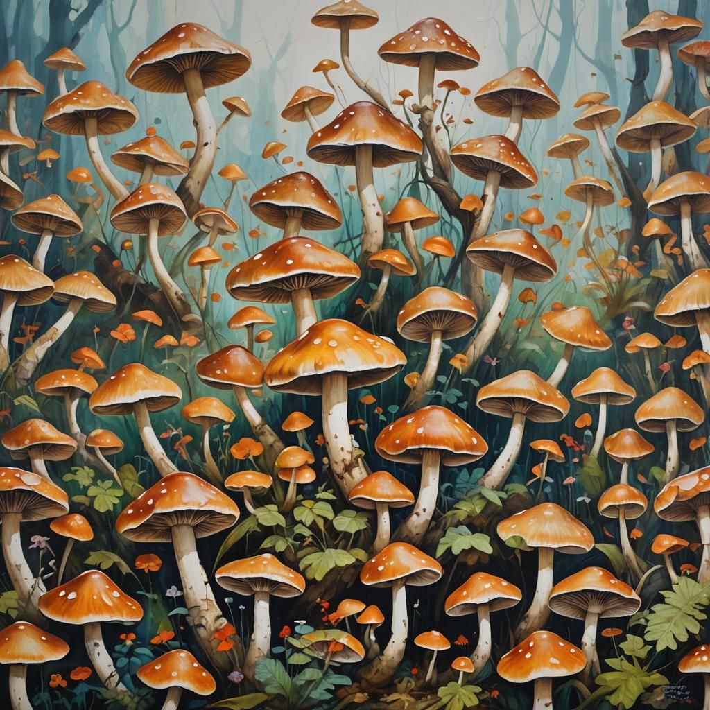 Dance of the Drunken Mushrooms: Whimsical Forest Scene