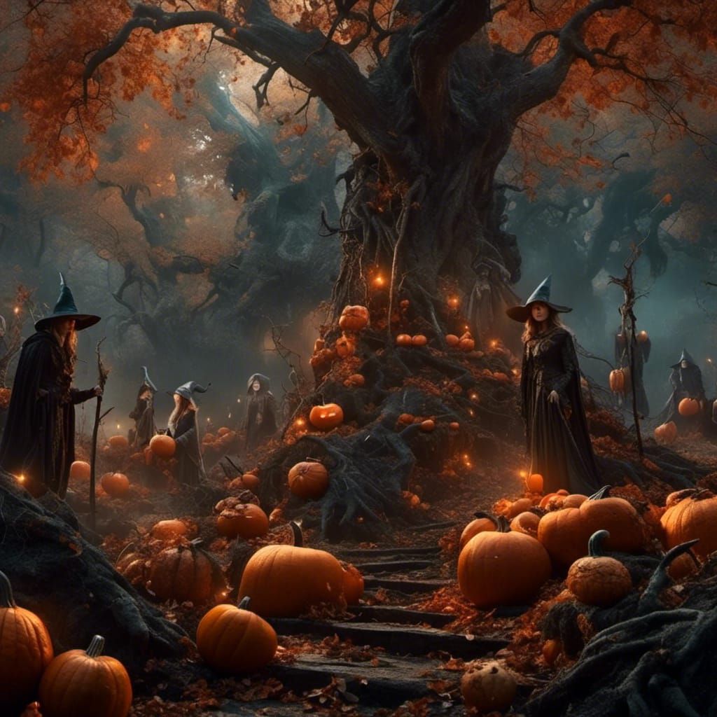 Witches' Coven Amidst Pumpkins in Mystical Forest