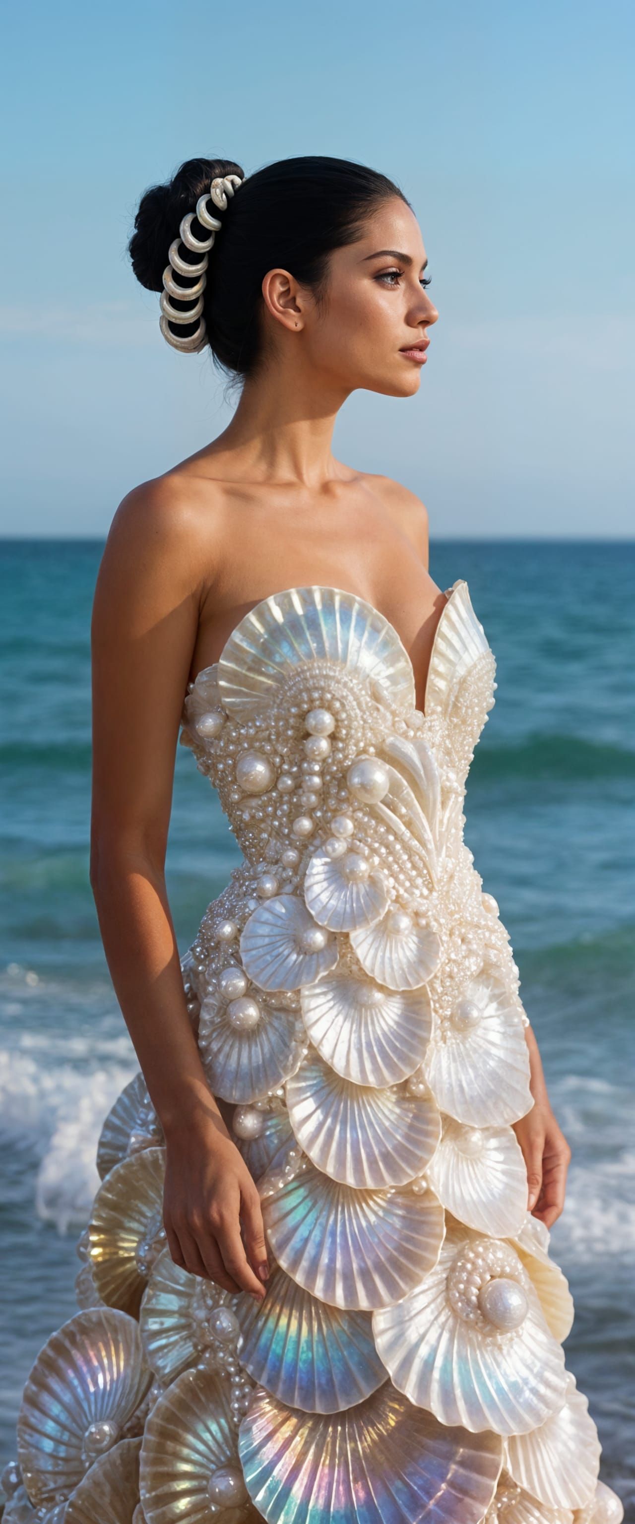 Pearly Iridescent Seashell Dress on Hispanic Woman