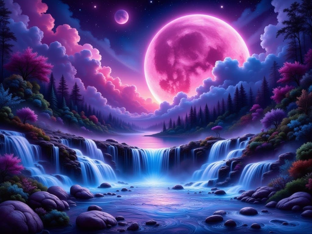 Luminous Magenta Moon Over a Shimmering Waterfall in Deep Pu...